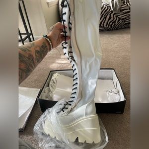 Demonia Shaker platform boot thigh high hologram glitter never worn in box